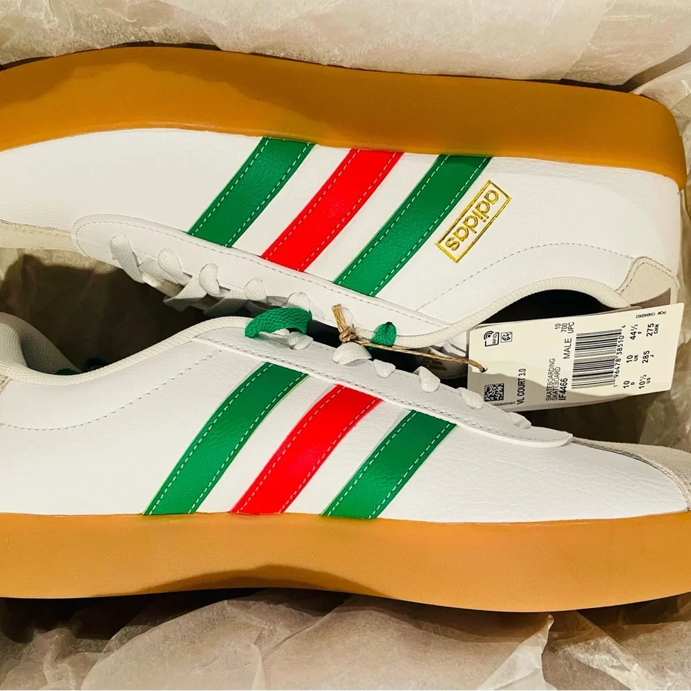 Adidas VL Court 3.0 White Sneakers with Green and Red Accents 10.5M - Picture 4 of 9